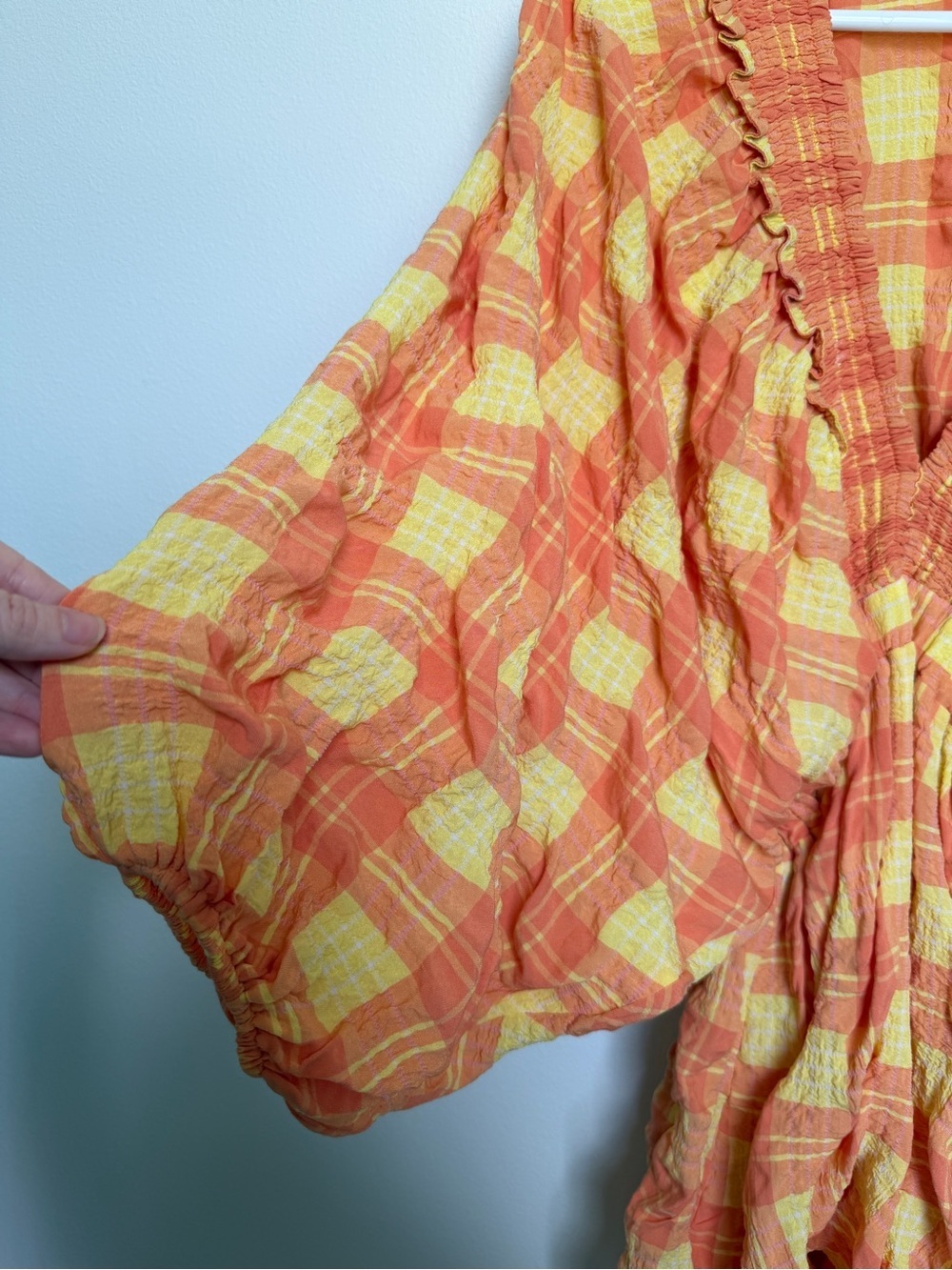 Mable Orange and yellow Summer Plaid Smocked Waist Romper with Balloon Sleeves - Picture 5 of 7